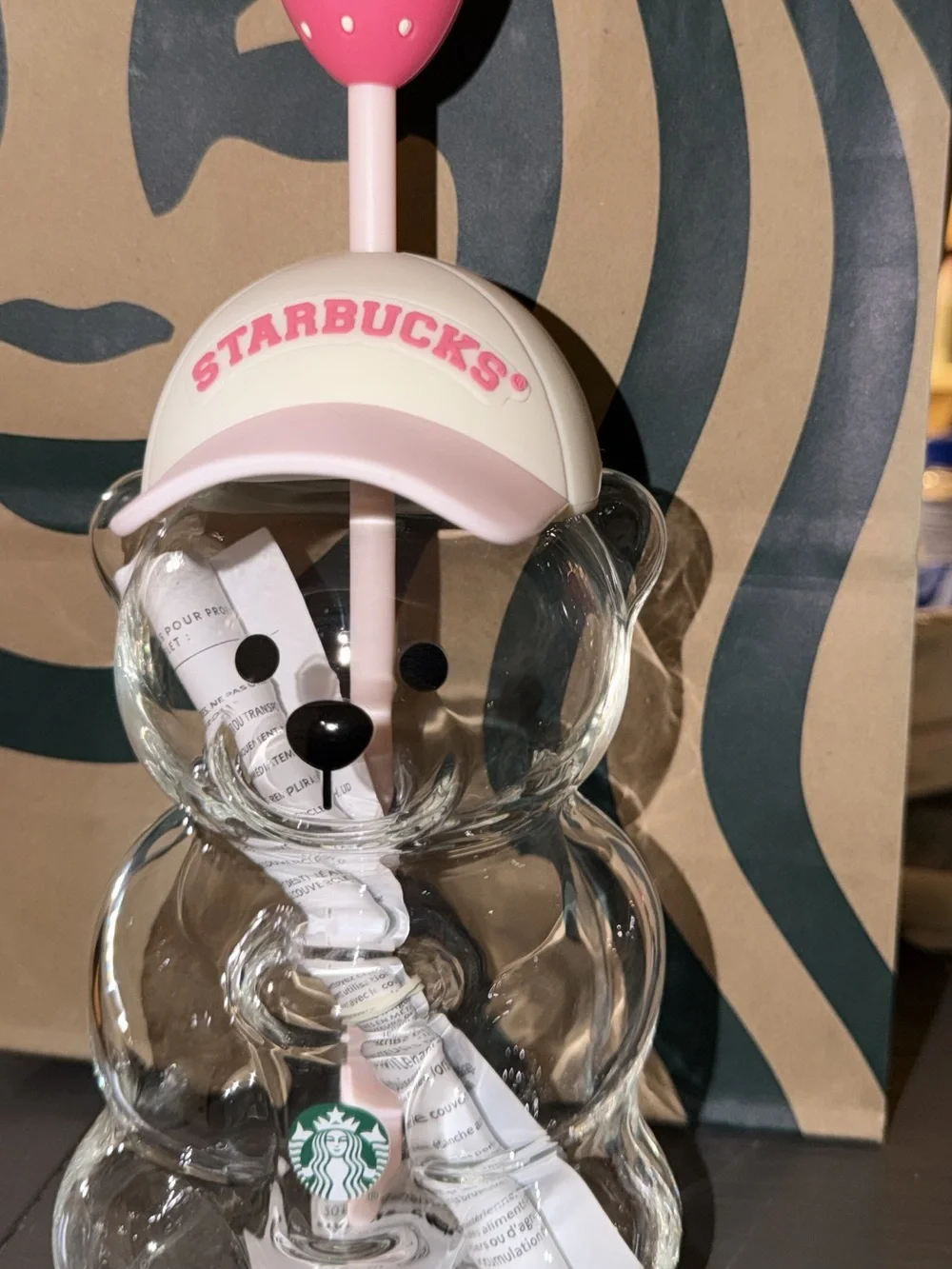 Starbucks Clear Bear Straw Bottle with Pink Hat and Straw